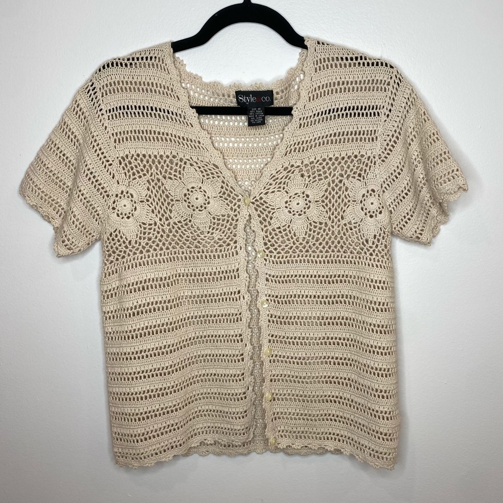 Style & Co | Boho Cream Crochet Short Sleeve Top